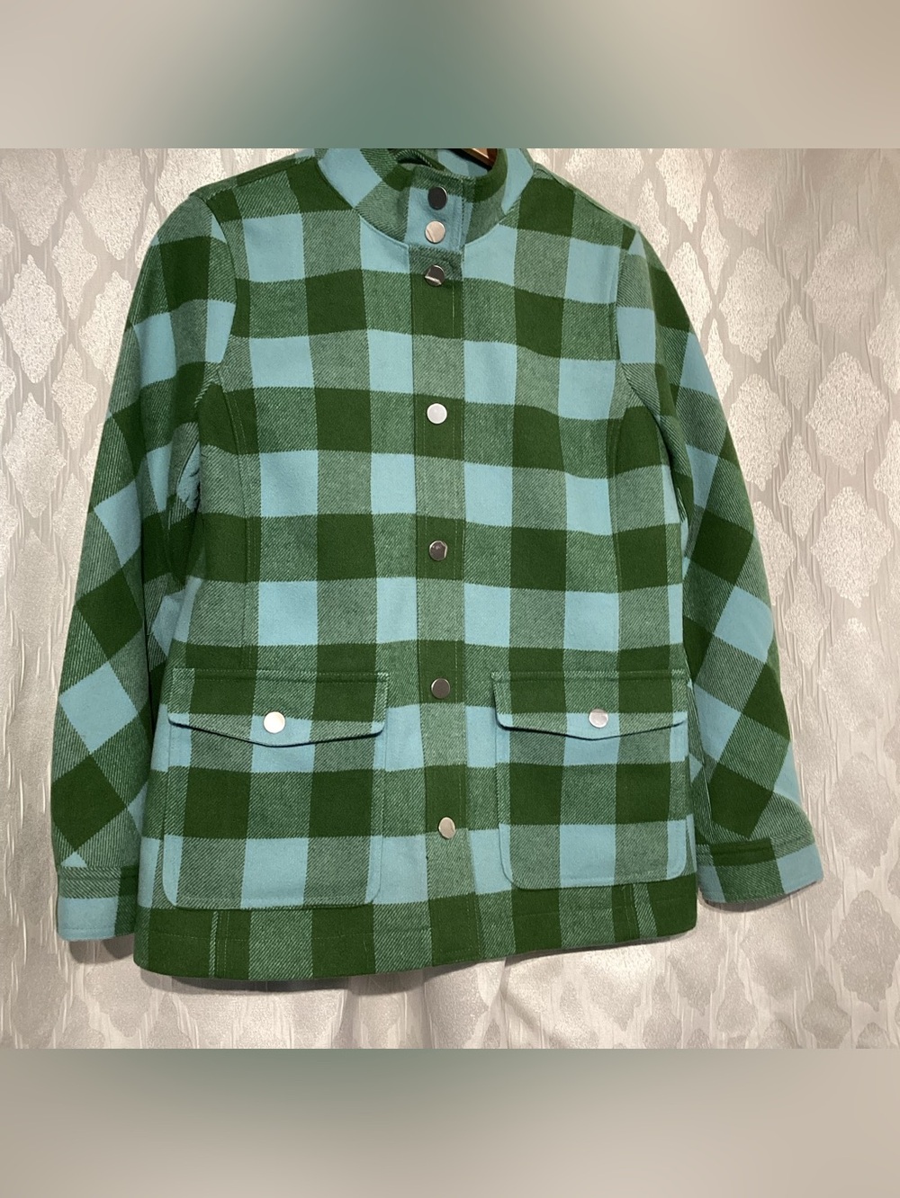 Talbots Green and Light Blue Check Pea Coat